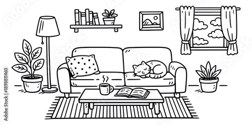 Hand drawn line art living room scene set featuring a sofa, sleeping cat, plants, books, and a window for home comfort