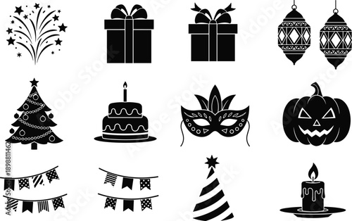 Holiday celebration icons set, gift box lantern cake tree pumpkin bunting silhouettes isolated on white background for festive design
