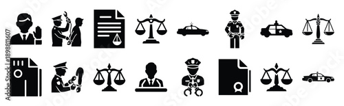 Vector symbols of law enforcement officer simple silhouette icon set, black color and white background