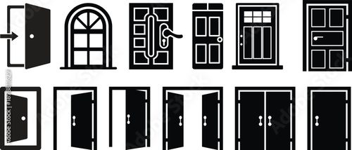 Door icons big set. Open door icons. Open, close and ajar door, login, logout, register, password, vip entrance, key, lock, exit and more. Editable stroke. Vector illustration.