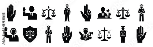 Vector symbols of law justice pillar simple silhouette icon set, black color and white background