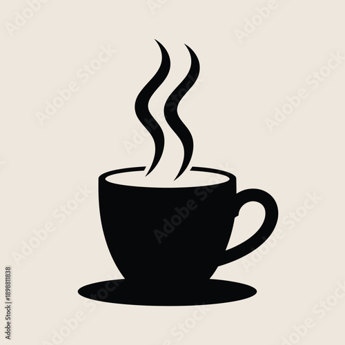 A black and white illustration of a steaming cup of coffee on a saucer. isolated on white background, Vector, illustration