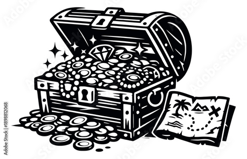 Hand drawn line art illustration of an open treasure chest depicting riches next to a map for pirate adventure stories