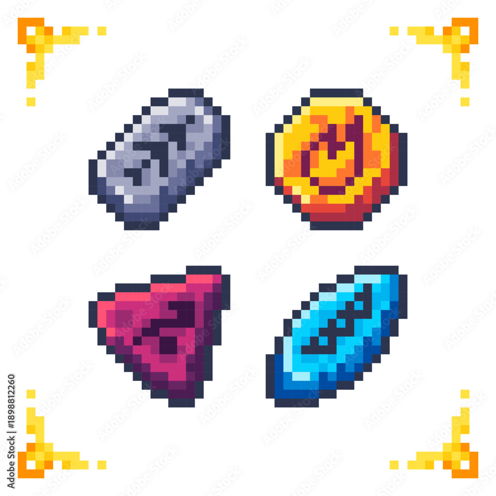 Fototapeta premium Set of pixel art elemental runes for RPG games. 16x16 pixels