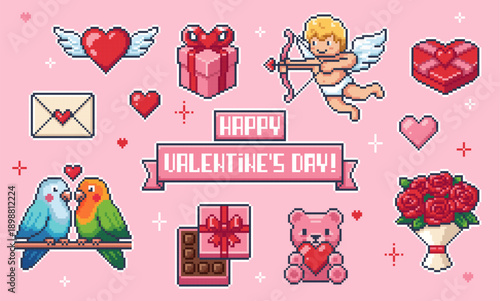 A set of vector pixel stickers and design elements dedicated to Valentine's Day, featuring Cupid, lovebirds, chocolate, and roses. Perfect for stickers, holiday designs, or social media posts.