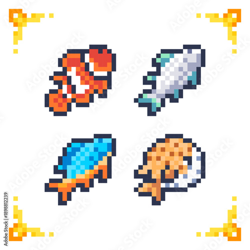 A set of pixel art icons of marine and freshwater fish. 16 x 16 pixels.