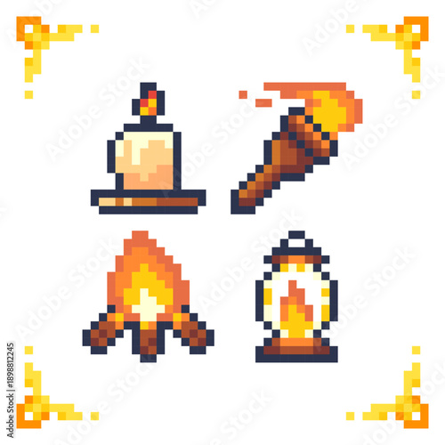 A set of pixel art icons featuring fire light sources like a candle, torch, campfire, and lantern. Ideal for retro 2D RPG game inventory, survival adventure user interface, or dungeon design elements.