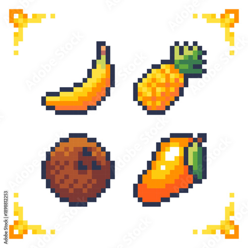 A set of pixel art icons featuring tropical fruits including a banana, pineapple, coconut, and mango. Ideal for use farming simulators, or mobile game UI assets.