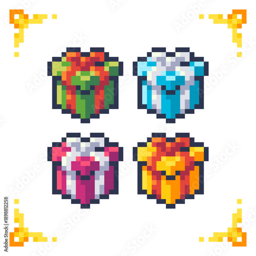 A set of pixel art vector icons featuring colorful gift boxes wrapped with ribbons and bows. Perfect for use as 2D game loot containers, holiday event rewards, or RPG inventory user interface elements