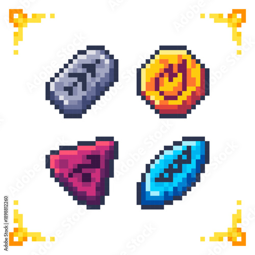 Set of pixel art elemental runes for RPG games. 16x16 pixels