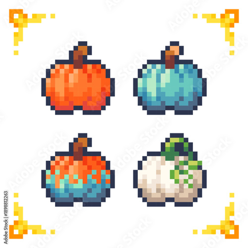 A set of pixel art icons featuring pumpkins of various varieties and ripeness stages. Perfect for farming simulator vegetable crops, Halloween seasonal game events, or 2D RPG inventory food items.
