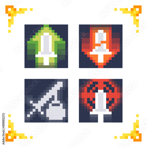 A set of pixel art icons representing weapon status effects including power buff, debuff, slow weight, and critical accuracy. Ideal for 2D RPG combat mechanics or strategy game inventory assets.