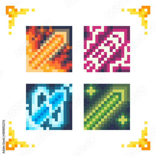 A set of pixel art icons representing elemental sword abilities including fire, lightning, freezing ice and vampiric health regeneration. Ideal for RPG skill trees or fantasy game UI assets