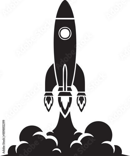 A black silhouette icon of a classic rocket ship launching upward with smoke and fire trailing below against a white background.