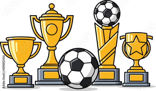 Trophy cups with soccer ball awards for sports competition winners and champions