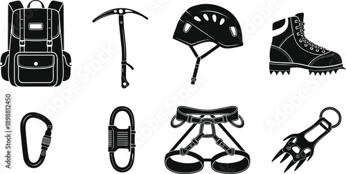 Mountain climbing equipment silhouettes set, backpack helmet ice axe crampons harness carabiner isolated on white background adventure gear icons