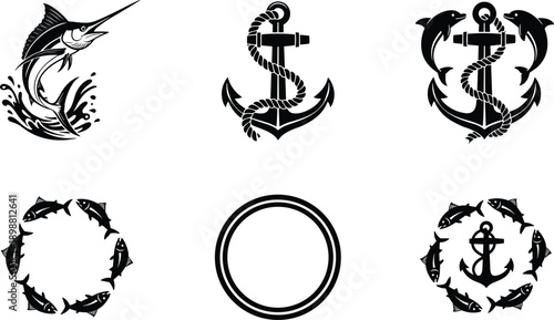 Nautical marine vector set, anchor rope emblem, jumping marlin fish silhouette, circular fish frame, ocean themed logo collection