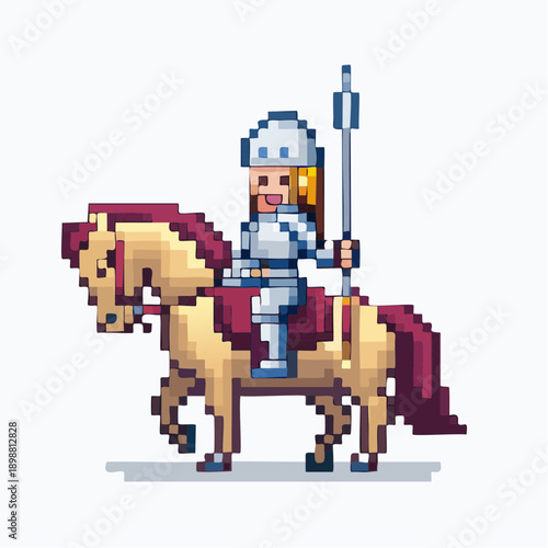 Chevalier médiéval en pixel art – cavalier en armure bleue avec lance et cheval