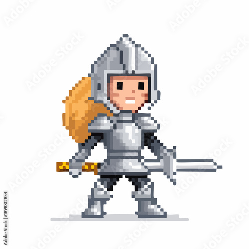 Guerrière en armure en pixel art – héroïne médiévale avec épée et bouclier, style 8-bit
