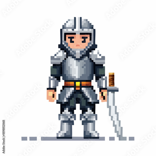 Guerrière en armure en pixel art – héroïne médiévale avec épée et bouclier, style 8-bit