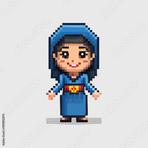 Personnage en pixel art – femme avec coiffe et robe bleue