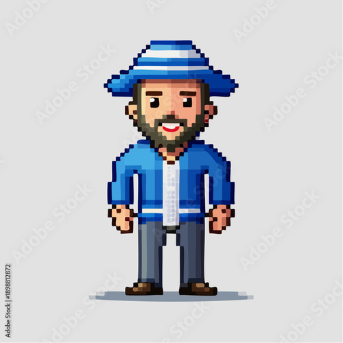 Personnage en pixel art – homme barbu avec chapeau et veste bleue