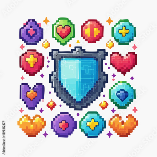 Pixel art objets fantasy – potions, cœurs, armes et trésors de jeu vidéo rétro