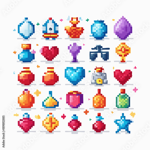 Pixel art objets fantasy – potions, cœurs, armes et trésors de jeu vidéo rétro