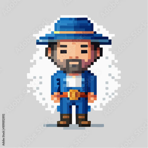 Personnage en pixel art – homme barbu avec chapeau et veste bleue