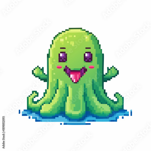 Personnage pixel art coloré type méduse avec tentacules et grand sourire. Style rétro idéal pour jeux ou design numérique, art 8-bit, rétro