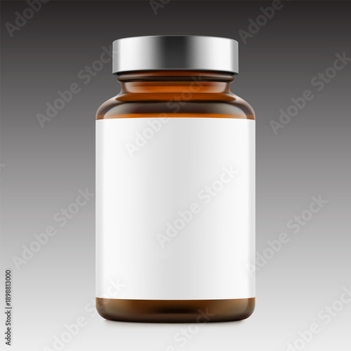Brown glass wide mount bottle with screw cap and label mockup for treats, vitamins, supplements isolated. Vector illustration isolated on grey background. Ready for your design. EPS10.
