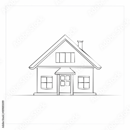 Dessin au trait d’une maison avec toit, cheminée et fenêtres. Style épuré idéal pour croquis ou design architectural.