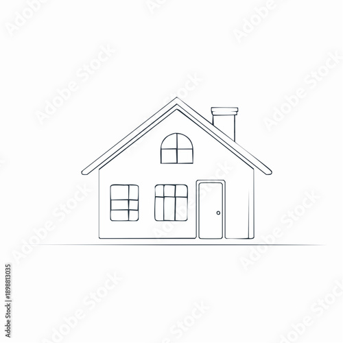 Dessin au trait d’une maison avec toit, cheminée et fenêtres. Style épuré idéal pour croquis ou design architectural.