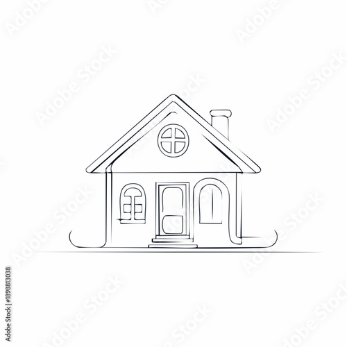 Dessin au trait d’une maison avec toit, cheminée et fenêtres. Style épuré idéal pour croquis ou design architectural.