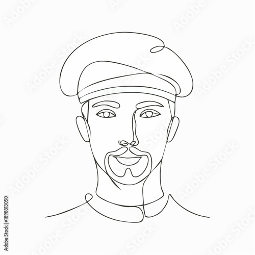Portrait masculin au trait continu – dessin minimaliste avec béret,  moustache et bouc