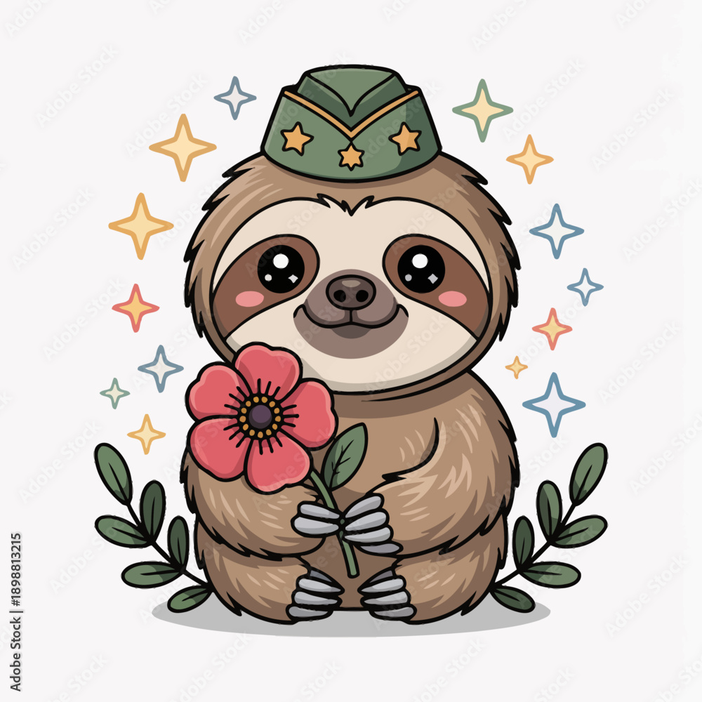 Fototapeta premium A charming cartoon sloth holds a pink flower while surrounded by colorful stars.