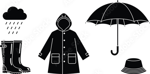 Rainy weather icon set, raincoat boots umbrella silhouette, waterproof clothing collection, storm season symbols, black vector illustration