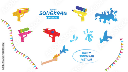 Colorful Flat Songkran Festival Thailand Icons Set with Water Guns, Blue Splash Drops, Hand Spray, and Rainbow Triangle Bunting for Holiday Sticker Pack