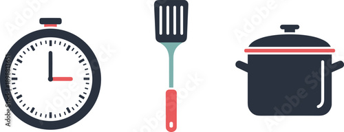 Kitchen essentials: timer, spatula, and cooking pot icons on a white background