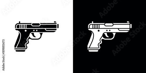 Two monochrome depictions of a semi automatic handgun side by side