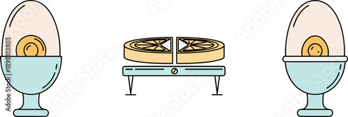 Boiled eggs in holders and a sliced round cake on a stand, minimalist flat design