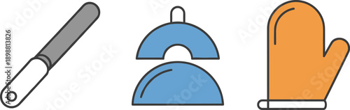 Simple flat icons of kitchen tools: grater, food cover, and oven mitt