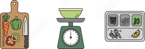Kitchen preparation icons: cutting board with vegetables, kitchen scale, and ingredients tray