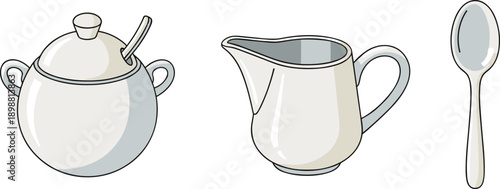 Simple cartoon illustration of a sugar bowl, creamer, and spoon on a white background