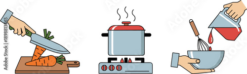 Step-by-step cooking process: chopping vegetables, boiling food, and mixing ingredients