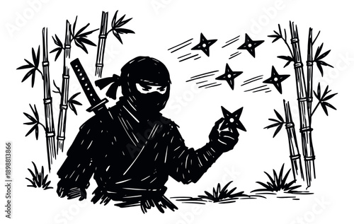 Hand drawn line art illustration of a ninja depicting throwing shurikens amidst bamboo for a martial arts theme