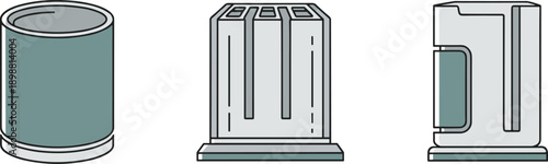 Three distinct cylindrical containers with different designs and purposes shown side by side