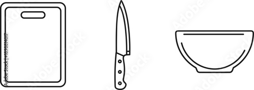 Simple line art icons of a cutting board, chef's knife, and mixing bowl on a white background