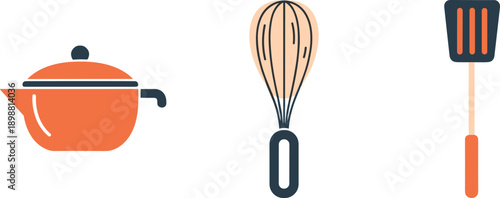 Set of kitchen utensils including a pot, whisk, and spatula in a flat design style