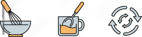 Set of icons representing mixing ingredients, stirring a drink, and a circular process